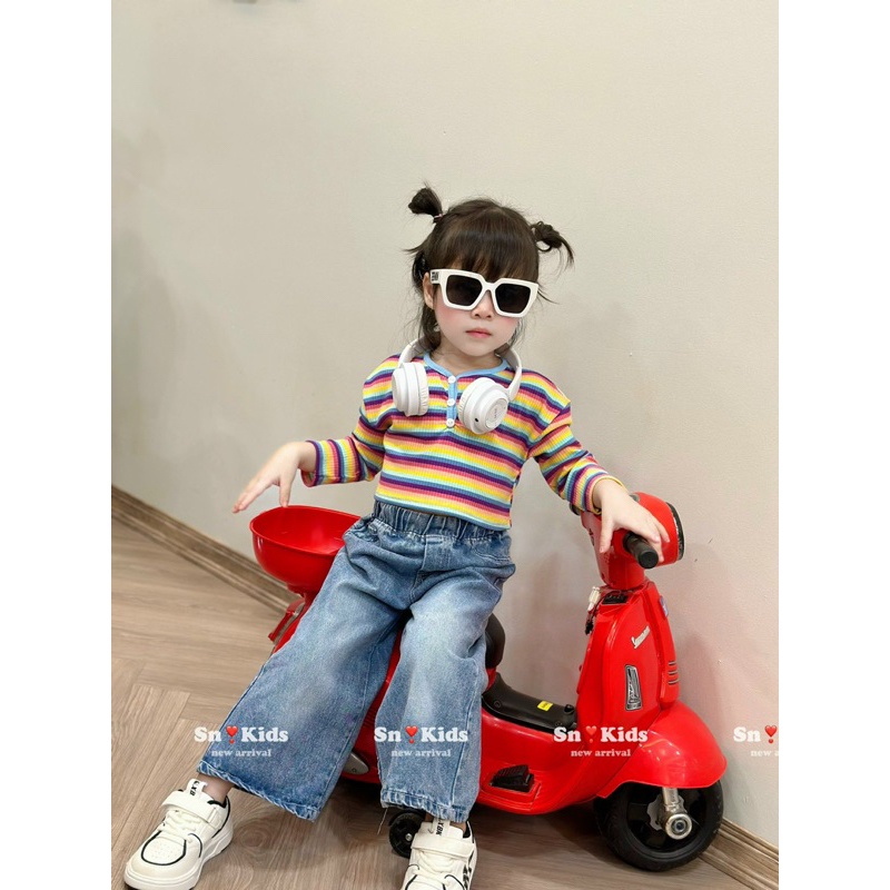 Set quần jean/ bò suông áo tay dài mềm cho bé gái
