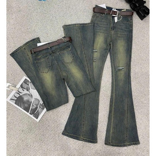 Quần jeans ống loe màu rêu gân giữa rách đùi lưng cao co giãn khói phong cách Hàn Quốc