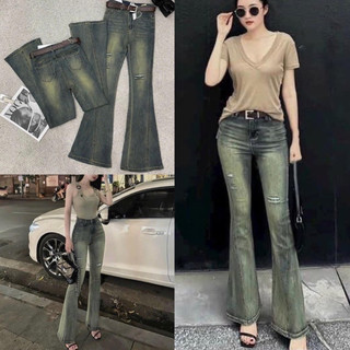 Quần jean ống loe nữ gân giữa rách đùi cạp cao chất mềm co giãn lên tôn dáng hàng QC