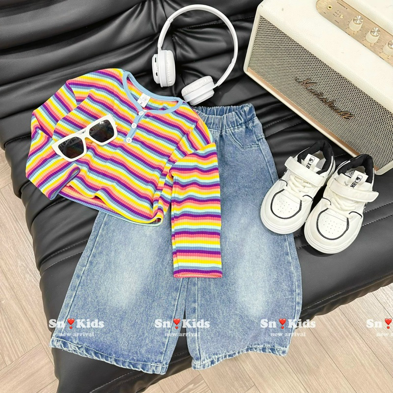 Set quần jean/ bò suông áo tay dài mềm cho bé gái