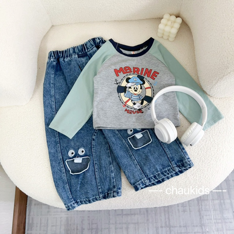 Set quần jean/ bò suông áo tay dài mềm cho bé gái