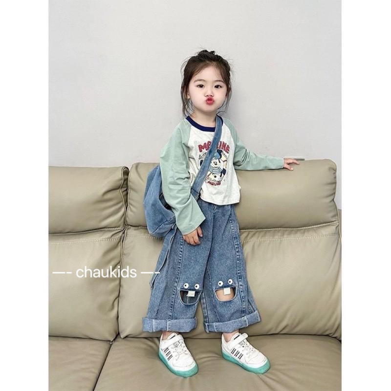 Set quần jean/ bò suông áo tay dài mềm cho bé gái