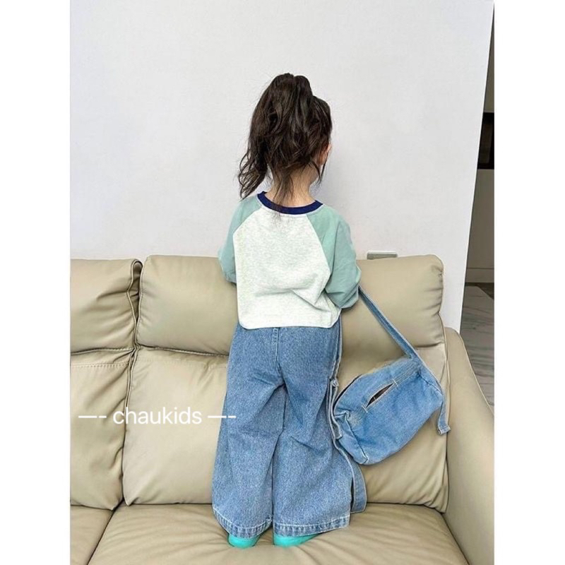 Set quần jean/ bò suông áo tay dài mềm cho bé gái