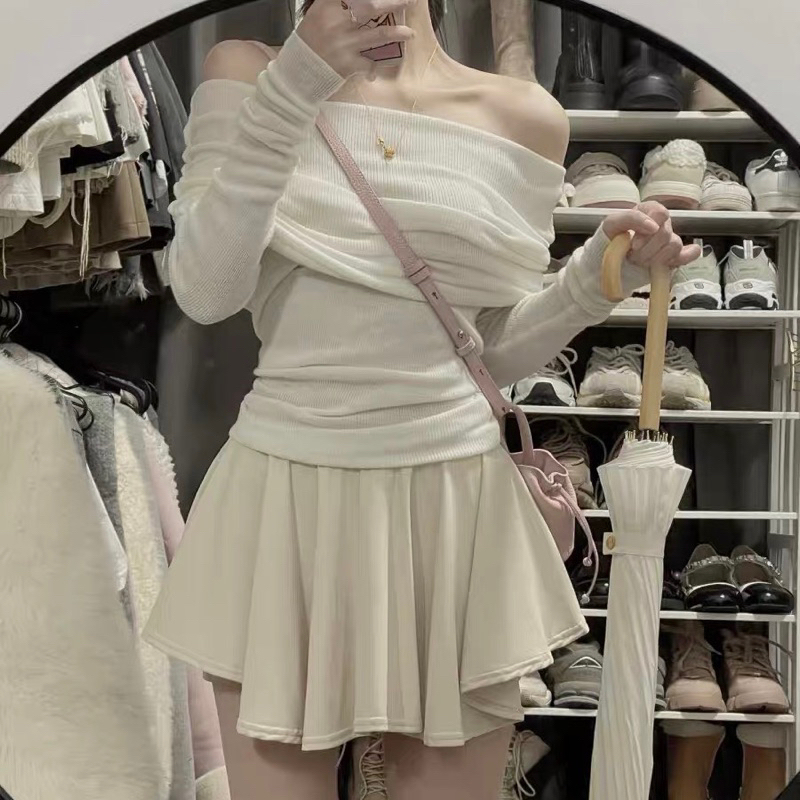 Set Áo Trễ Vai Len Tăm Dày Dặn Mix Chân Váy Xoè Hàng 2 Lớp Kèm Ảnh Thật