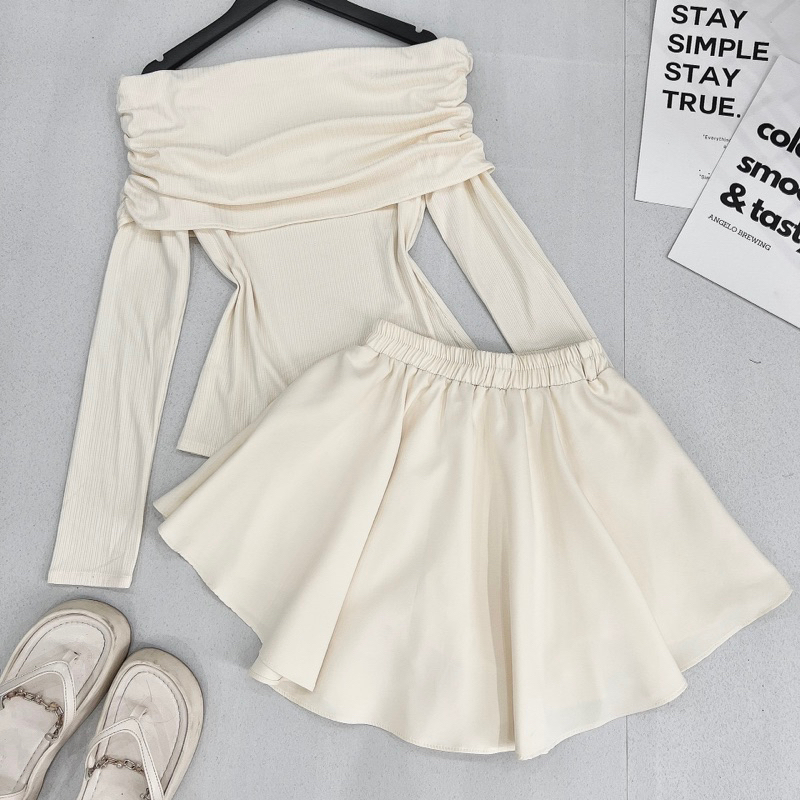 Set Áo Trễ Vai Len Tăm Dày Dặn Mix Chân Váy Xoè Hàng 2 Lớp Kèm Ảnh Thật