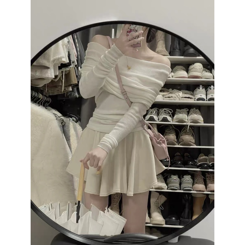 Set Áo Trễ Vai Len Tăm Dày Dặn Mix Chân Váy Xoè Hàng 2 Lớp Kèm Ảnh Thật