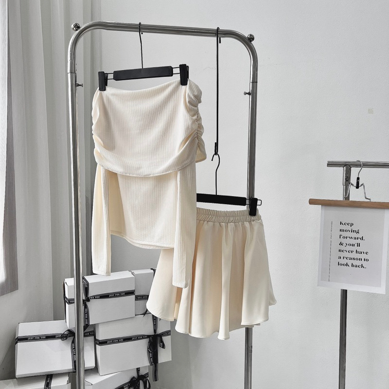 Set Áo Trễ Vai Len Tăm Dày Dặn Mix Chân Váy Xoè Hàng 2 Lớp Kèm Ảnh Thật