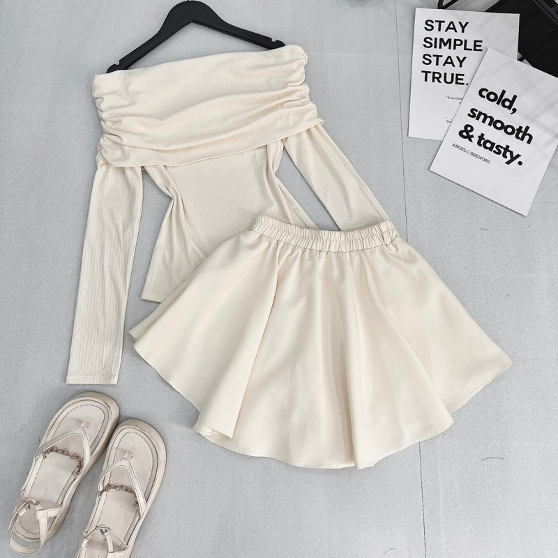 Set Áo Trễ Vai Len Tăm Dày Dặn Mix Chân Váy Xoè Hàng 2 Lớp Kèm Ảnh Thật