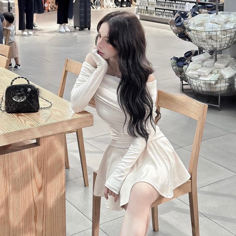 Set Áo Trễ Vai Len Tăm Dày Dặn Mix Chân Váy Xoè Hàng 2 Lớp Kèm Ảnh Thật