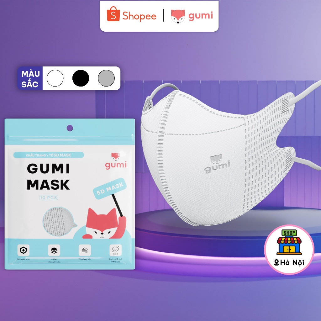 [SIÊU RẺ] Khẩu trang 5D cao cấp GUMI 3 lớp mask kháng khuẩn lọc bụi PM 2.5 loại hộp 100/200 đen trắng