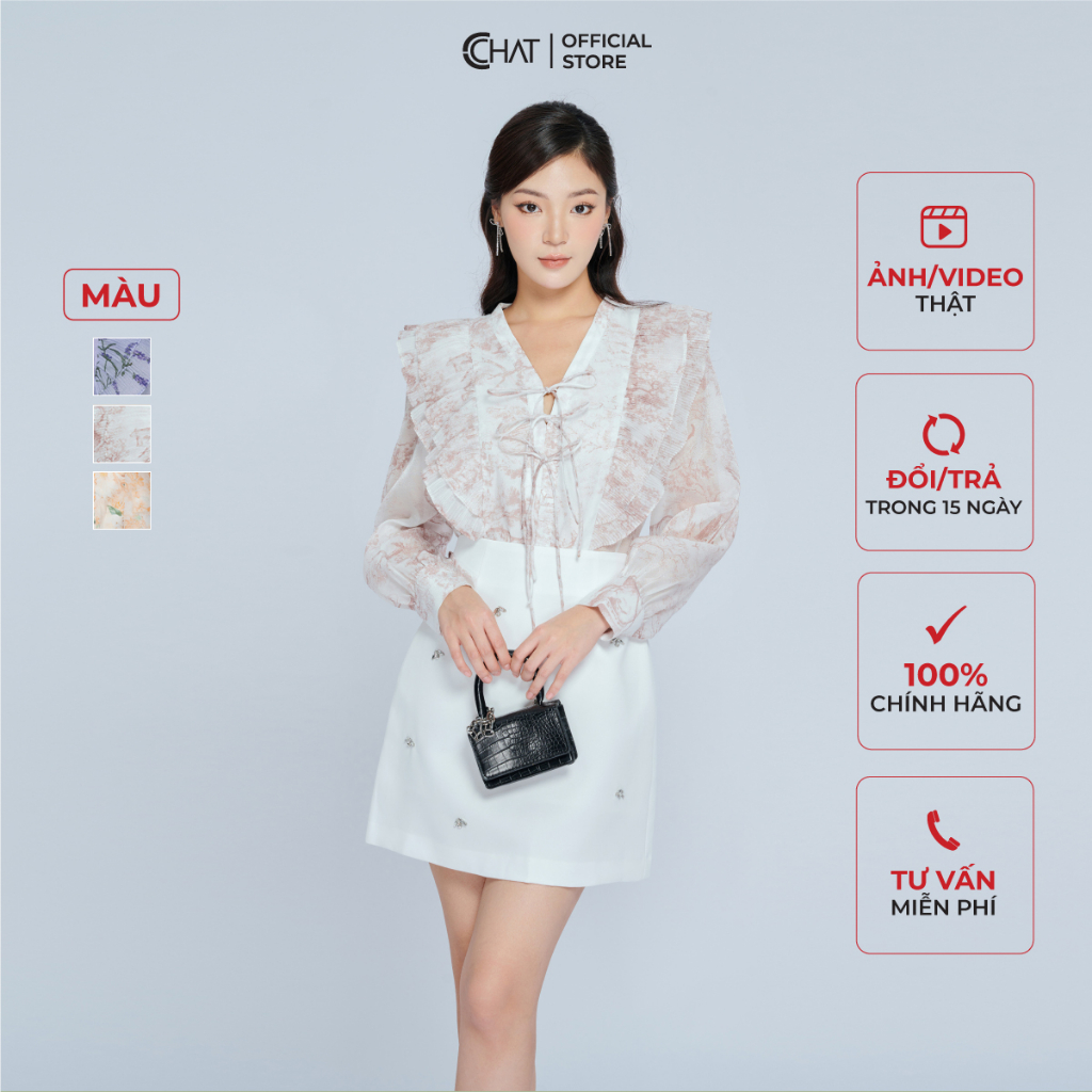 Áo Sơ Mi Nữ 𝐂𝐂𝐇𝐀𝐓 Họa Tiết Kiểu Bèo Vai Dáng Suông Chất Voan Cao Cấp 13FDV5002ST