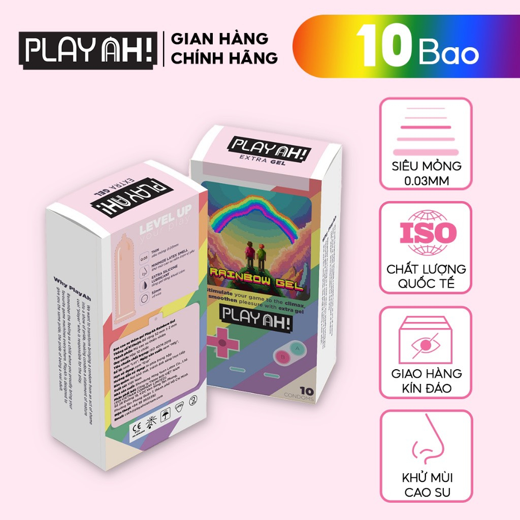 Bao Cao Su PlayAh Rainbow Gel 003 size 52mm siêu mỏng, nhiều gel bôi trơn, hộp 3 bao, hộp 10 bao Lalendi Store