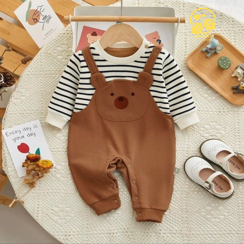 Bodysuit cho bé dài tay chất Tăm gân,quần áo thu đông cho bé trai, bé gái Hình Gấu dễ thương, Mẫu quần áo sơ sinh 0-12M