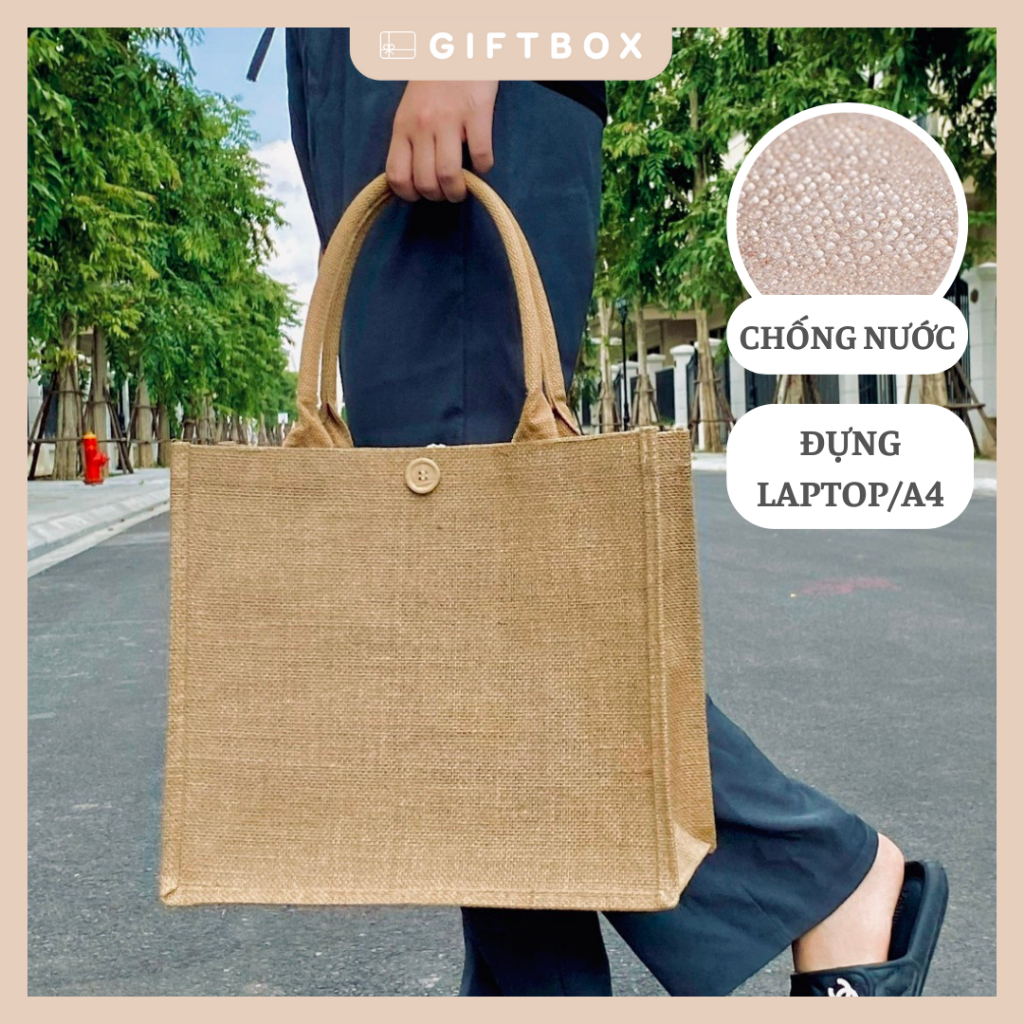 Túi cói du lịch túi đựng quần áo trơn có cúc cài gỗ quai nâu mềm túi vintage form cứng chống nước đựng quần áo laptop