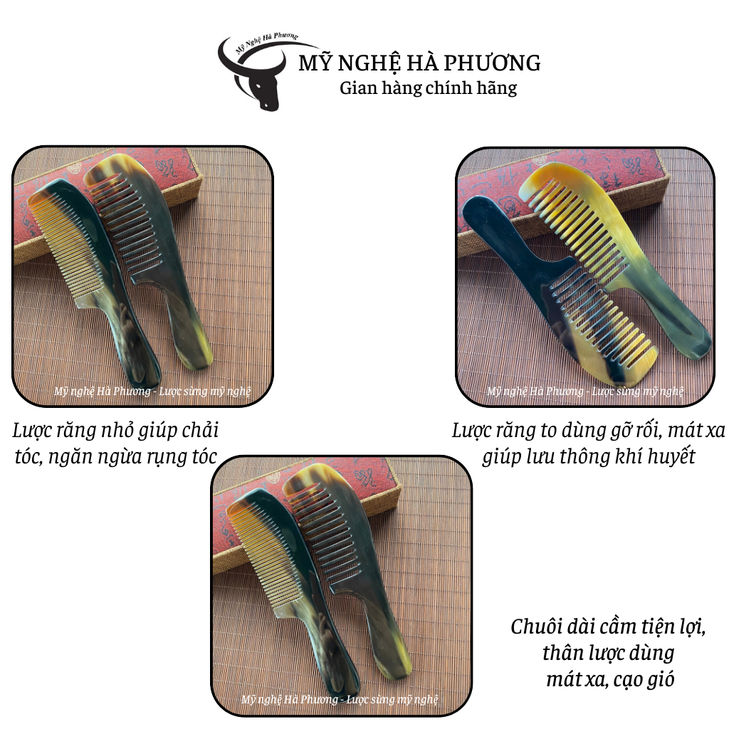 Combo 2 lược sừng  gồm 1 lược răng thưa và 1 lược răng vừa, răng tỉa kĩ êm da đầu thư giãn
