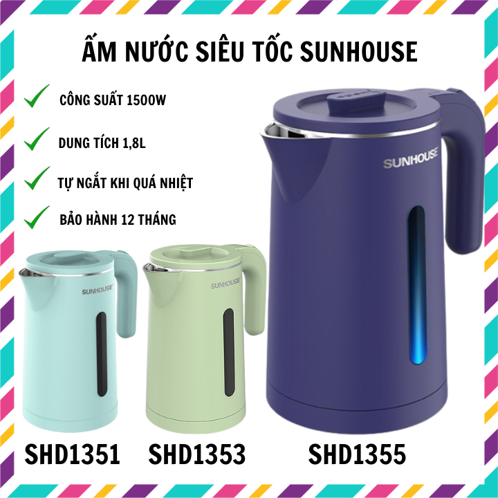 Ấm siêu tốc Sunhouse inox 2 lớp 1,8l, công suất 1500w SHD1353