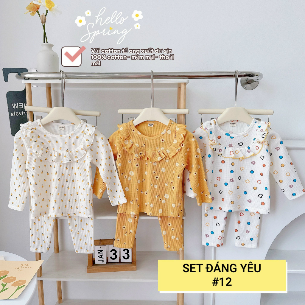 Bộ dài tay bèo tiểu thư chất cotton tổ ong xuất dư cho bé gái