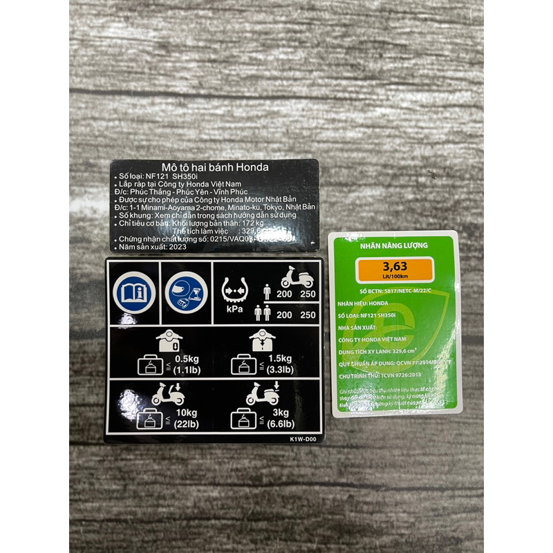 Tem thông số Sh 350i