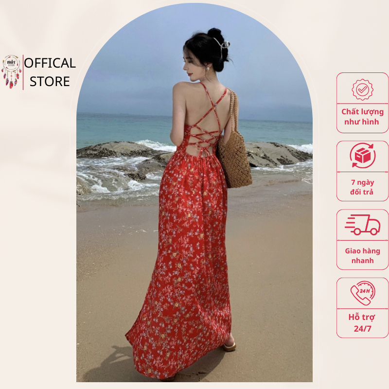 Váy voan cổ yếm hoa nhí đỏ đan dây lưng xe chân Mót Boho tiểu thư, gợi cảm