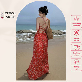 Váy voan cổ yếm hoa nhí đỏ đan dây lưng xe chân Mót Boho tiểu thư, gợi cảm