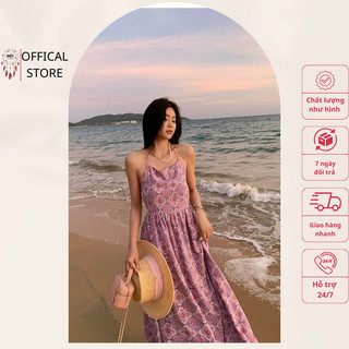 Váy 2 dây thổ cẩm tím hở lưng buộc dây Mót Boho nhẹ nhàng, kiều diễm