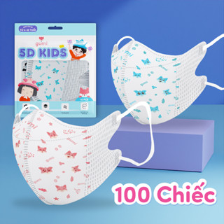 Hộp 100c Khẩu trang trẻ em cao cấp 5D KIDS GUMI Mask kháng bụi mịn, kháng giọt bắn nhiều màu