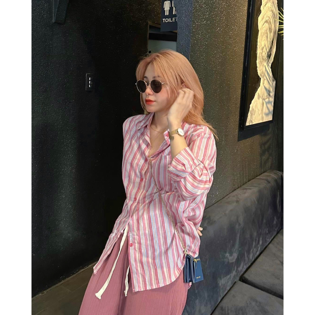 Áo Sơ Mi Kẻ Sọc Style Hàn Quốc  Áo Sơ Mi Form Rộng Kẻ Sọc Xanh Hồng