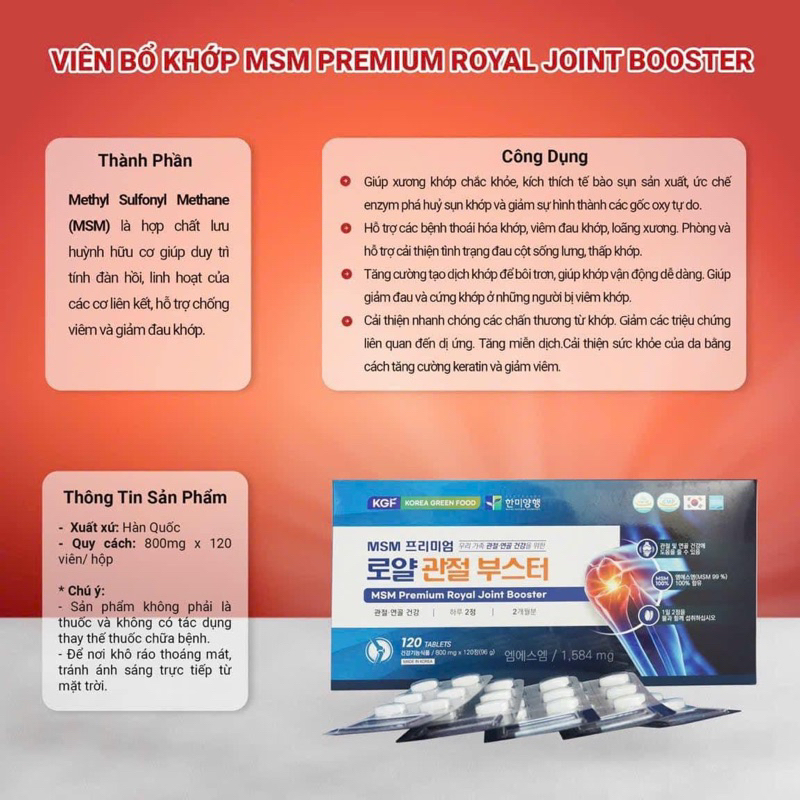 Viên bổ khớp KGF MSM Premium Royal Joint Booster giải pháp bảo vệ sụn khớp hiệu quả, Hộp dài 120 viên