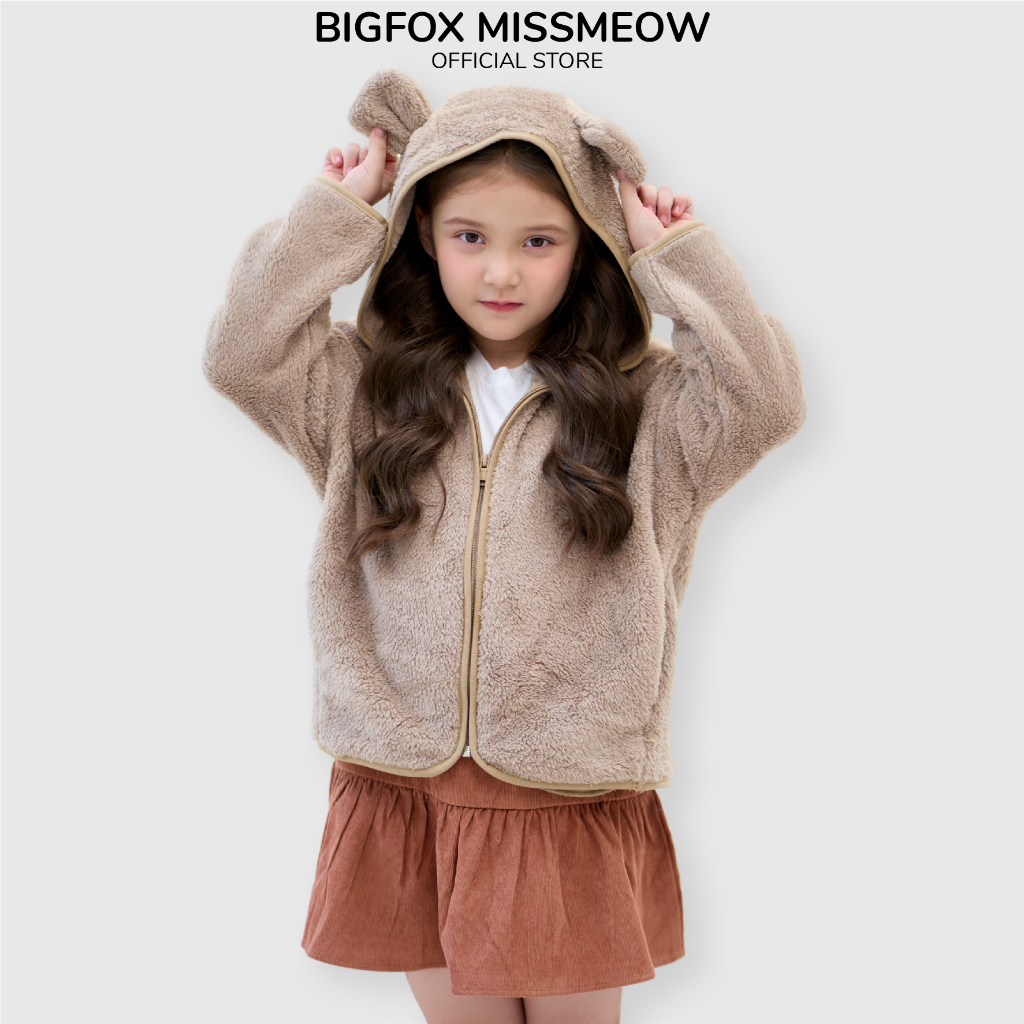Áo khoác lông Bigfox Miss Meow size đại có mũ ấm áp cho bé trai bé gái thu đông kiểu Hàn của trẻ em 3-15 tuổi 30kg 50kg