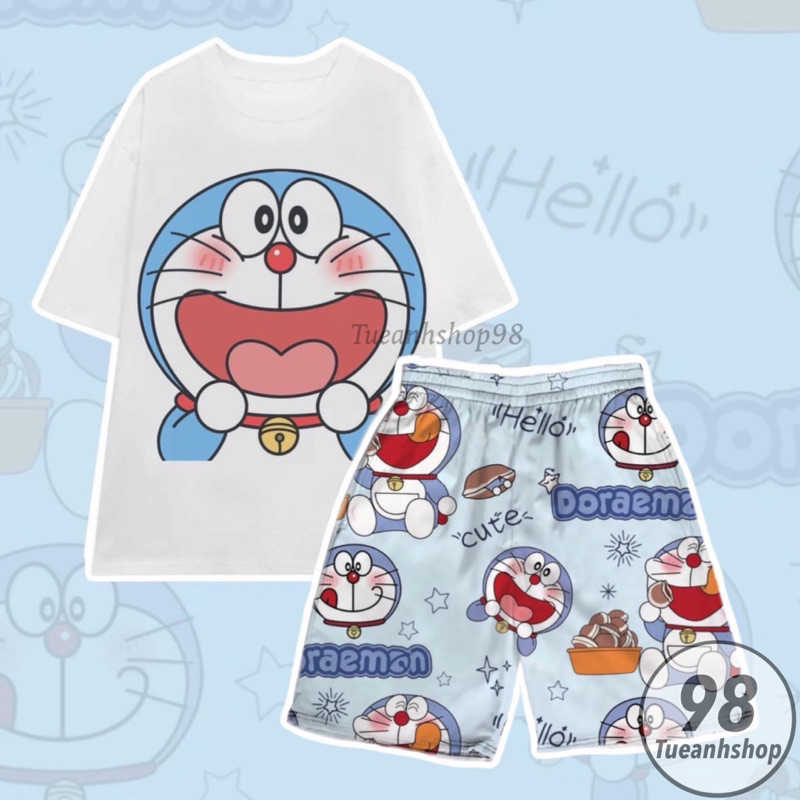 Bộ Đùi Mèo Máy DOREMON hoạt hình đáng yêu Set Đồ Bộ Áo Thun Phom Rộng Nam Nữ Phối Quần Short Cartoon TUEANHSHOP