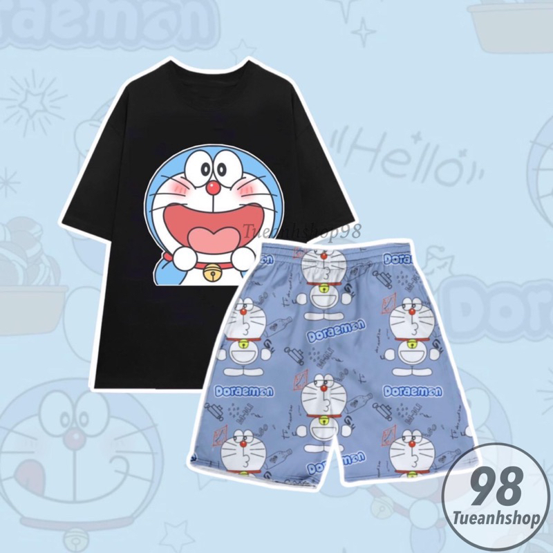 Bộ Đùi Mèo Máy DOREMON hoạt hình đáng yêu Set Đồ Bộ Áo Thun Phom Rộng Nam Nữ Phối Quần Short Cartoon TUEANHSHOP