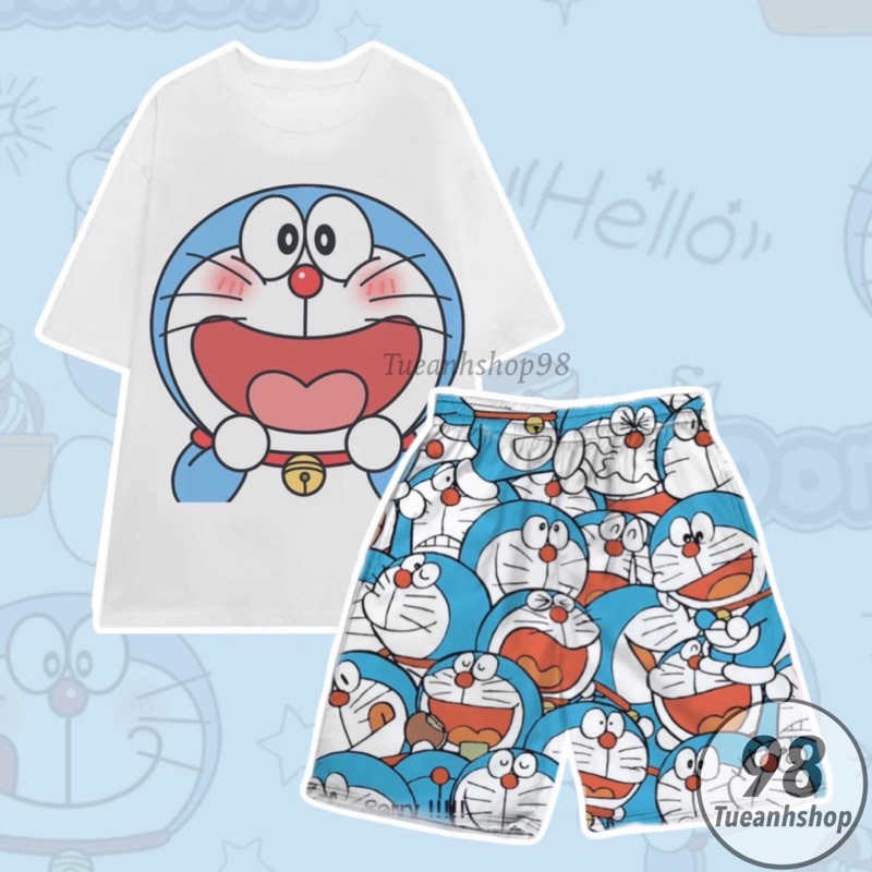 Bộ Đùi Mèo Máy DOREMON hoạt hình đáng yêu Set Đồ Bộ Áo Thun Phom Rộng Nam Nữ Phối Quần Short Cartoon TUEANHSHOP