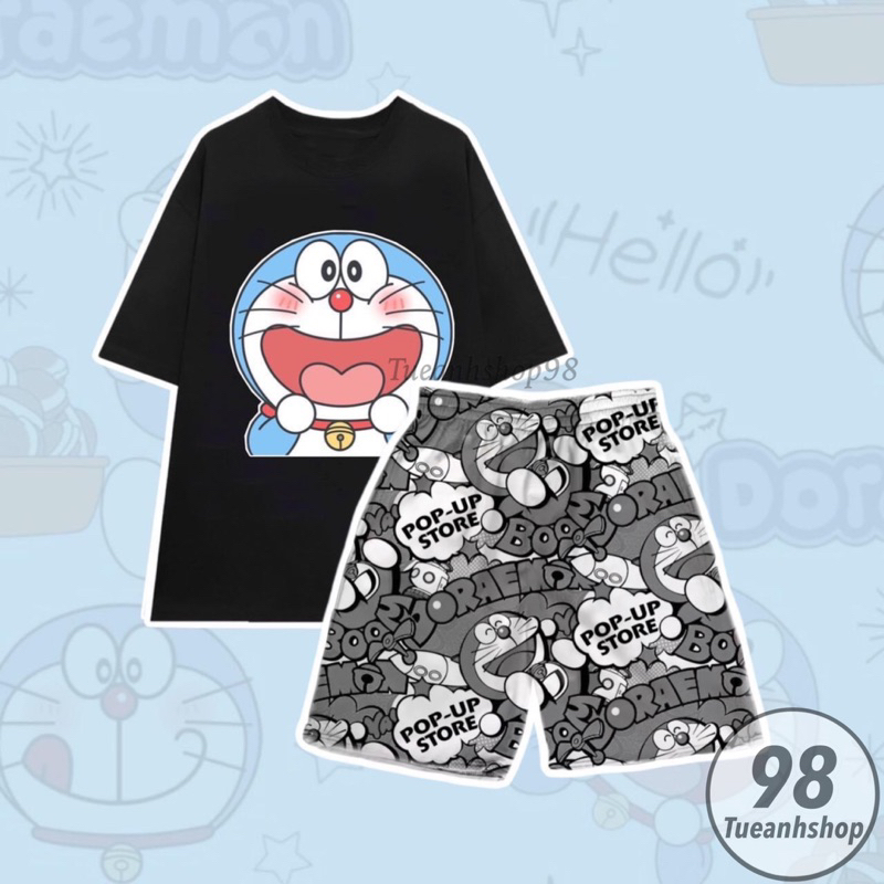Bộ Đùi Mèo Máy DOREMON hoạt hình đáng yêu Set Đồ Bộ Áo Thun Phom Rộng Nam Nữ Phối Quần Short Cartoon TUEANHSHOP