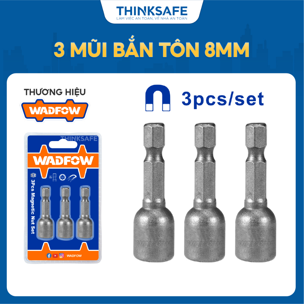 Bộ 3 mũi bắn tôn 8mm Wadfow WWR1K08 dài 48mm chất liệu thép 40Cr bền chui lục giác 1/4 inch có từ tính mạnh - Thinksafe