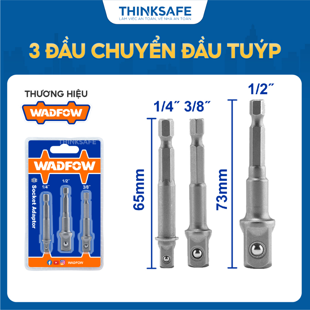 Bộ 3 đầu chuyển đầu tuýp Wadfow WSV4K01 gồm 3 kích cỡ chất liệu 50BV30 cứng chắc dụng cụ Wadfow chính hãng - Thinksafe