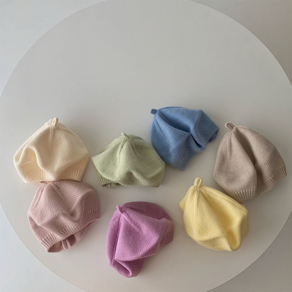 Mũ nồi/nón beret cho bé  len trơn dệt kim ấm áp gam màu pastel đơn sắc phong cách kẹo ngọt Hàn Quốc