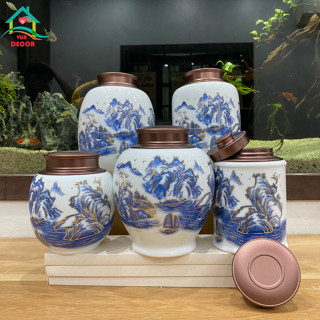 Hũ Đựng Trà Sơn Thủy sứ Bát Tràng men Trắng Xanh cao cấp, Bình-Hộp-Lọ đựng chè/cà phê/thảo mộc Decor,VuaDecor