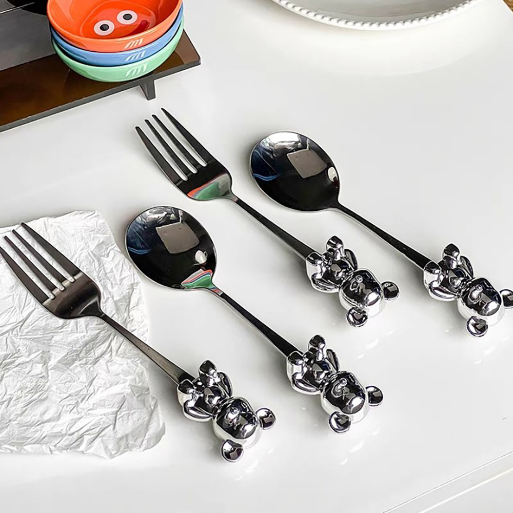 MVP3383 Set 2 Muỗng Nĩa Ăn Trái Cây Hình Gấu Hoạt Hình Bằng Thép Không Gỉ