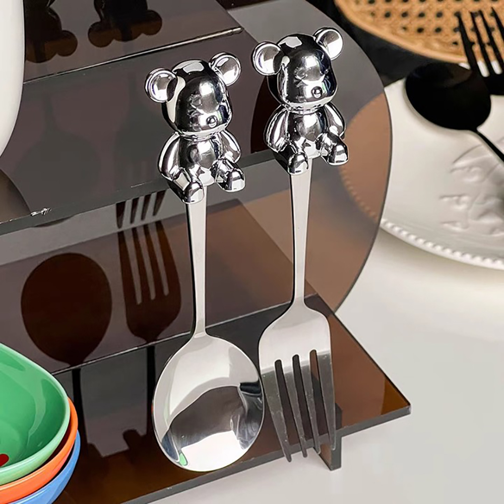 MVP3383 Set 2 Muỗng Nĩa Ăn Trái Cây Hình Gấu Hoạt Hình Bằng Thép Không Gỉ