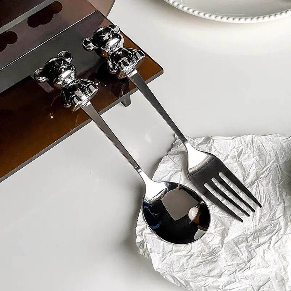 MVP3383 Set 2 Muỗng Nĩa Ăn Trái Cây Hình Gấu Hoạt Hình Bằng Thép Không Gỉ