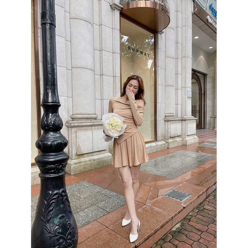 Áo tay dài và chân váy ngắn thun đen/hồng/be/xanh - Audrey Studio