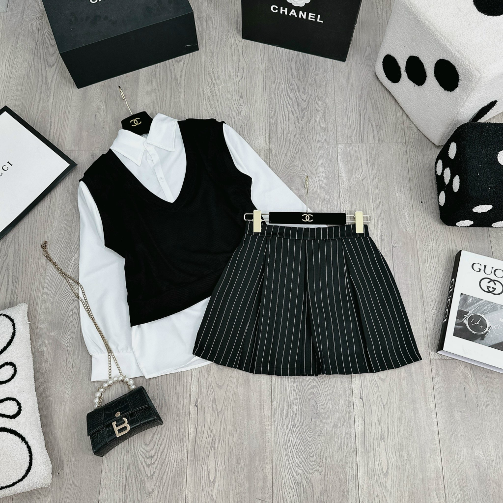 Set Áo Sơ Mi Thô Mềm Mix Ghile Len Cổ V Kèm Chân Váy Thô Kẻ Xoè Xếp Ly