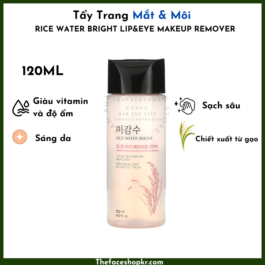 Nước tẩy trang mắt môi RICE WATER BRIGHT LIP&EYE MAKEUP REMOVER 120ML