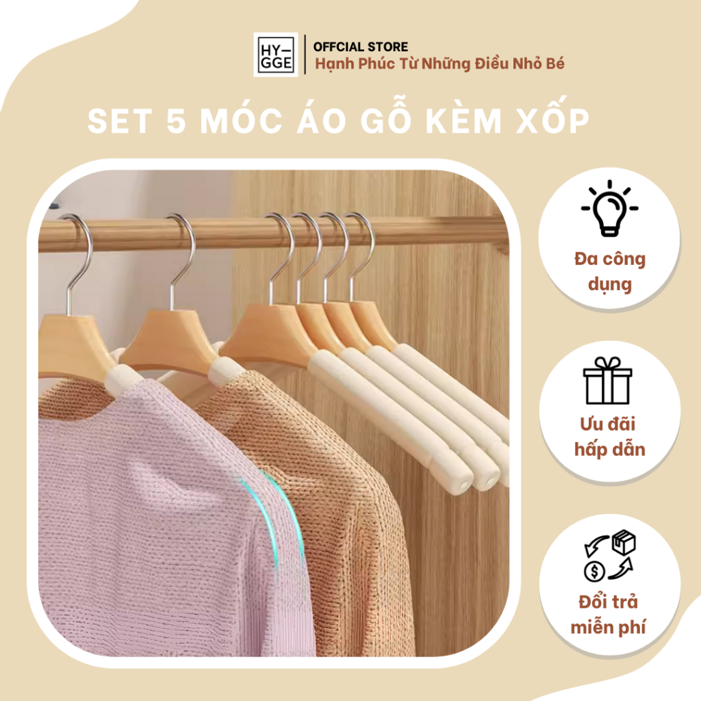 Set 5 móc áo gỗ kèm xốp giữ nếp, chống trượt treo vest, áo khoác, áo len tiện lợi