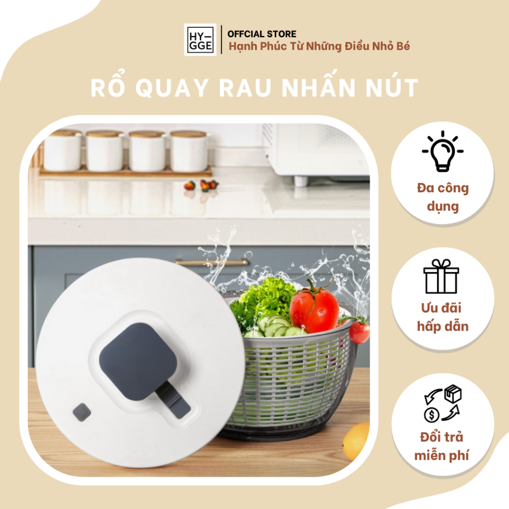 Rổ Nhựa Quay Rau 6L Làm Ráo Nước Hygge Nhấn Nút Tự Động | Dụng Cụ Vắt Rau Sống, Salat Tiện Ích