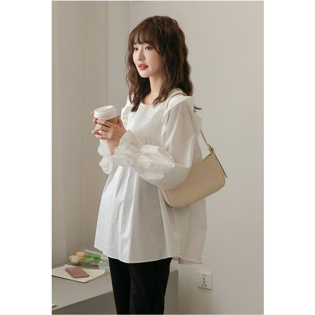 Áo bầu xinh, áo sơ mi bầu công sở bèo vai xếp li đẹp mềm thanh lịch tay dài , from Babydoll trẻ trung
