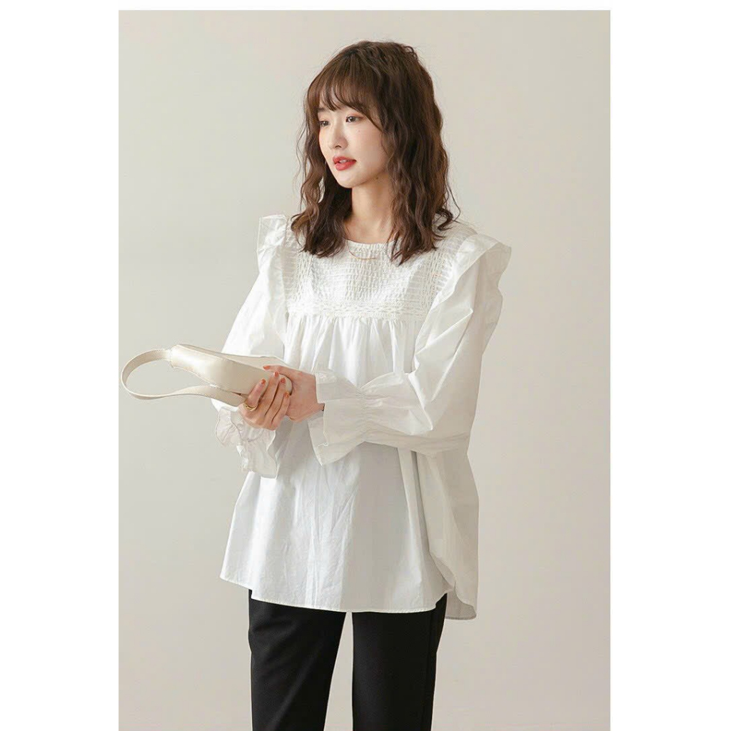 Áo bầu xinh, áo sơ mi bầu công sở bèo vai xếp li đẹp mềm thanh lịch tay dài , from Babydoll trẻ trung
