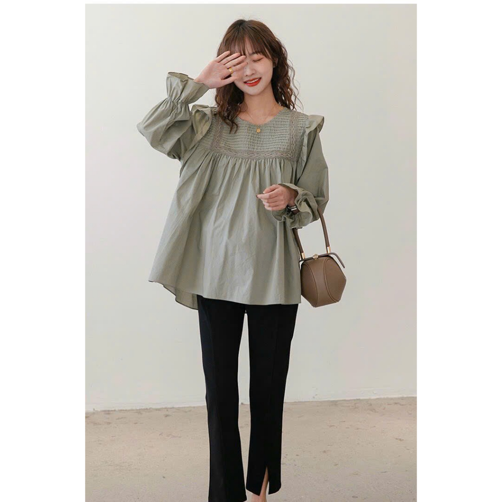 Áo bầu xinh, áo sơ mi bầu công sở bèo vai xếp li đẹp mềm thanh lịch tay dài , from Babydoll trẻ trung