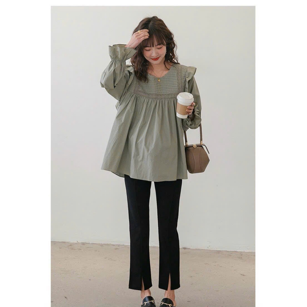 Áo bầu xinh, áo sơ mi bầu công sở bèo vai xếp li đẹp mềm thanh lịch tay dài , from Babydoll trẻ trung