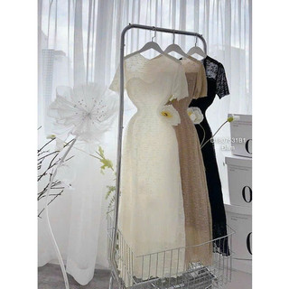 Đầm maxi cổ bẻ 2 lớp phối viền ngang